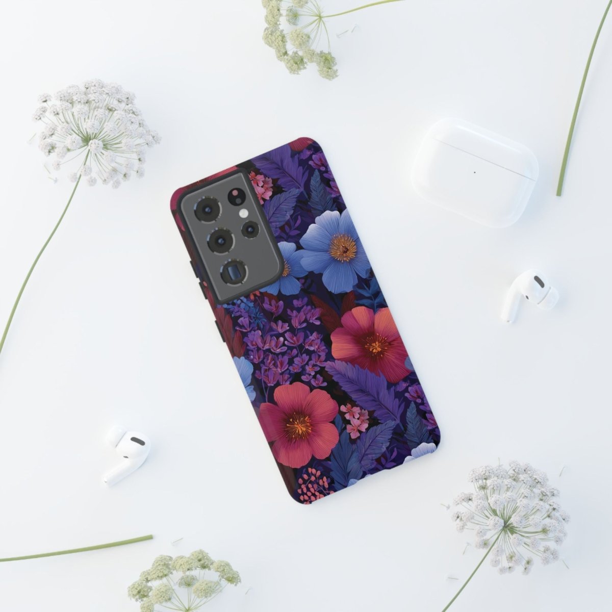 Samsung Galaxy S25 tough phone case by WOYC in Lavender Tropics design, glossy finish, durable protection for AU, NZ, and USA models.