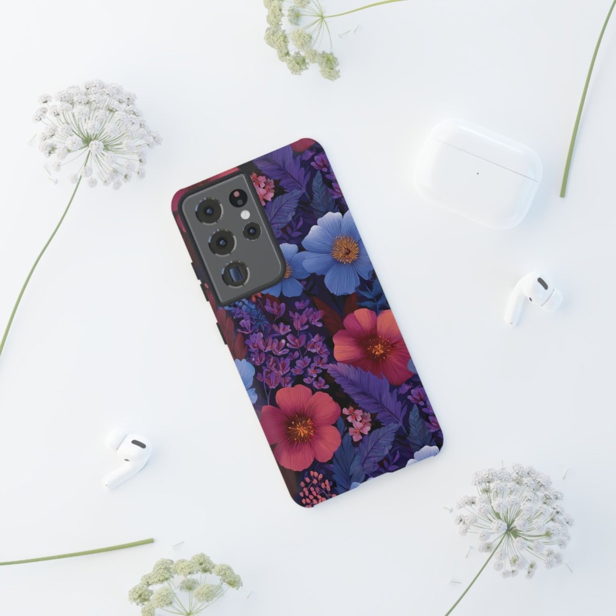 Samsung Galaxy S25 tough phone case by WOYC in Lavender Tropics design, glossy finish, durable protective phone case.