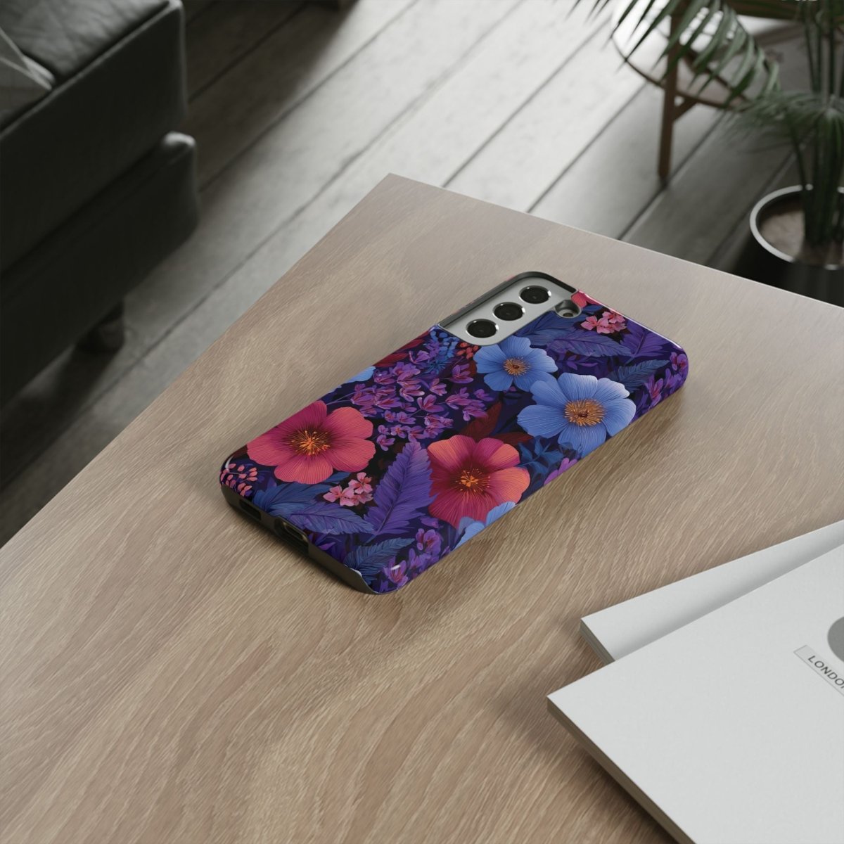 Samsung Galaxy S25 tough phone case by WOYC in Lavender Tropics design, glossy finish, durable protective cover.