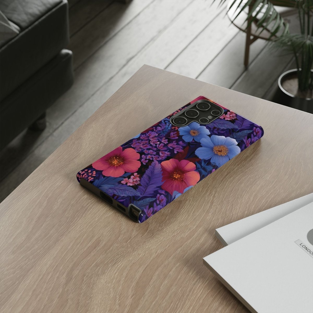 Samsung Galaxy S25 tough phone case by WOYC in Lavender Tropics with a glossy finish, designed for durability in AU, NZ, and USA.