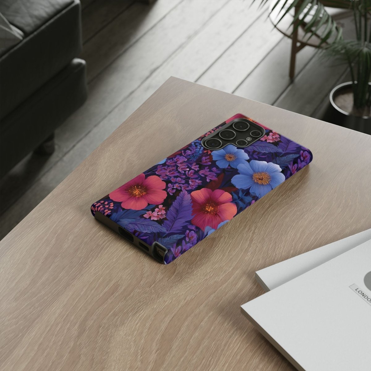 Samsung Galaxy S25 tough phone case by WOYC with lavender tropics design, glossy finish, durable protective cover for AU, NZ, and USA.