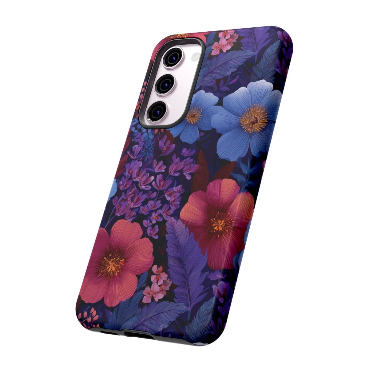 Samsung Galaxy S25 tough phone case by WOYC in Lavender Tropics with glossy finish, designed for durability and style.