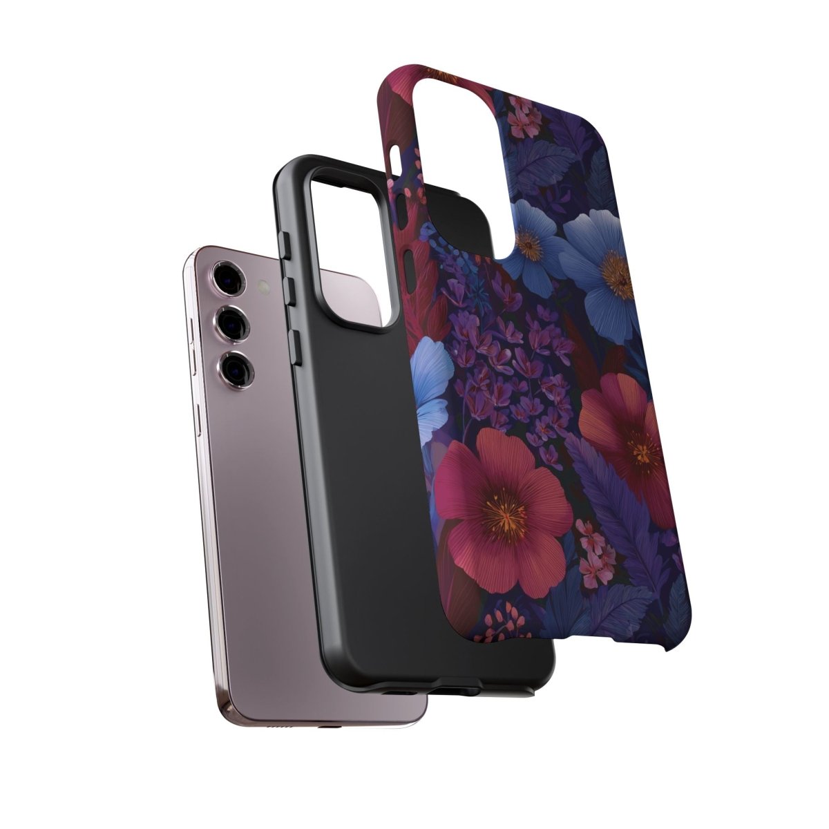 Samsung Galaxy S25 tough phone case by WOYC in Lavender Tropics design, glossy finish, durable protective cover.