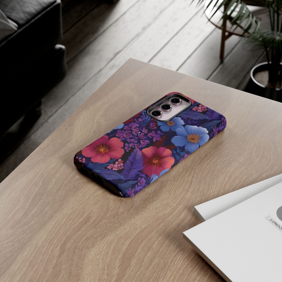 Samsung Galaxy S25 tough phone case by WOYC in lavender tropics with a glossy finish, designed for durability and style.