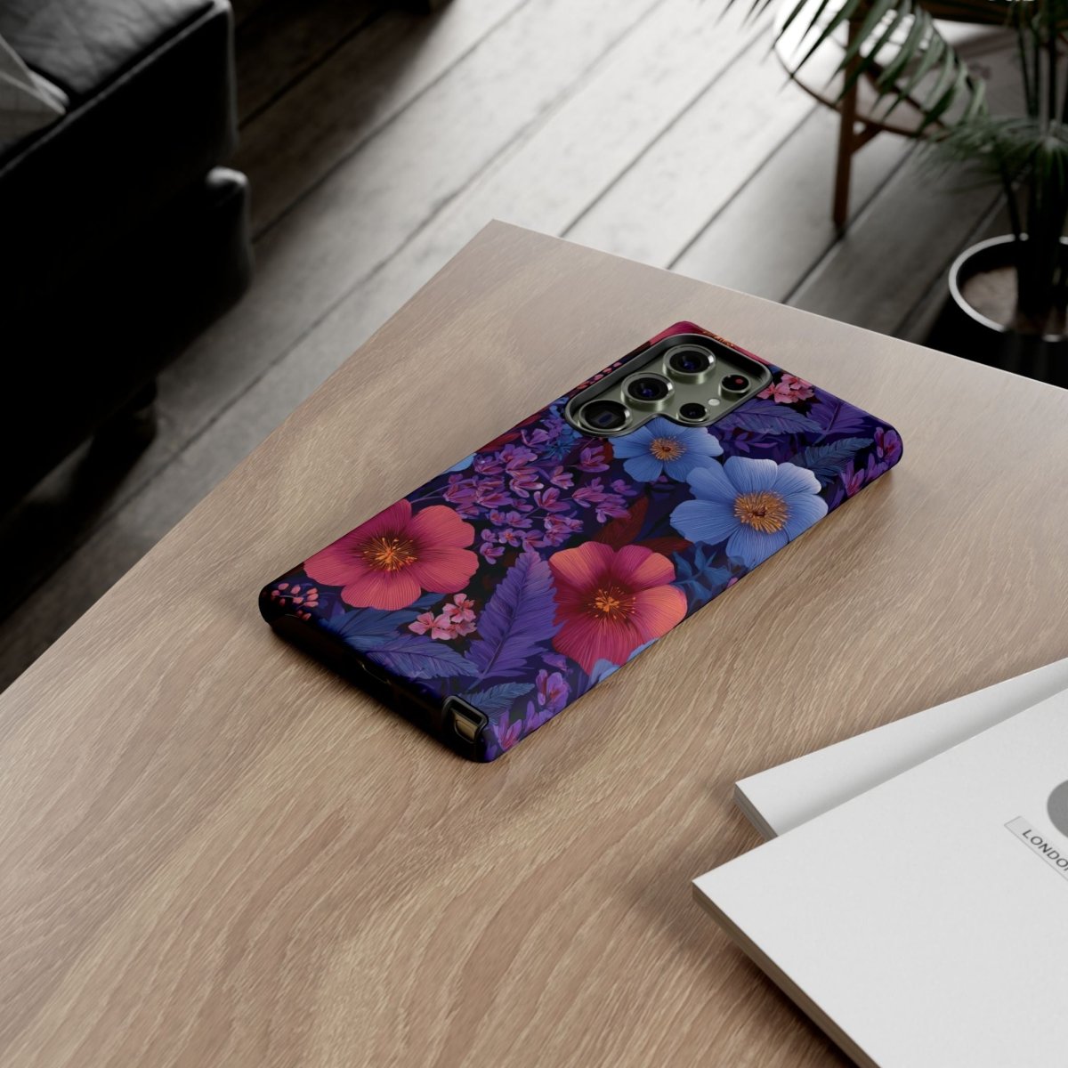 Samsung Galaxy S25 tough phone case by WOYC in Lavender Tropics with a glossy finish, designed for durability in AU, NZ, and USA.