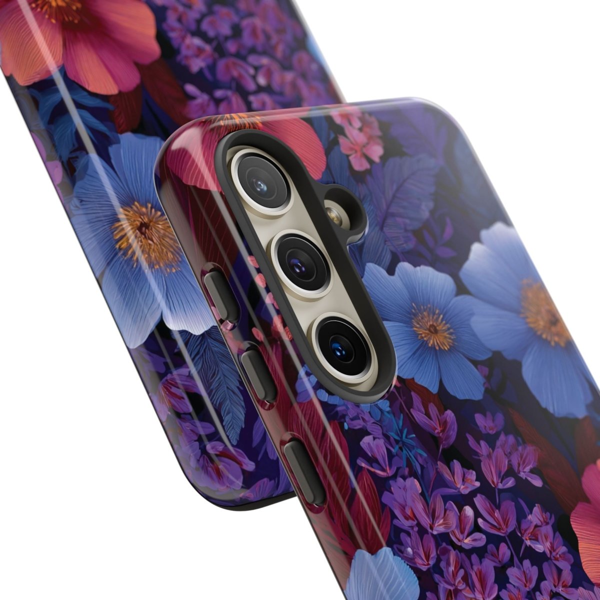 Samsung Galaxy S25 tough phone case by WOYC in Lavender Tropics with glossy finish, designed for durability in AU, NZ, and USA.