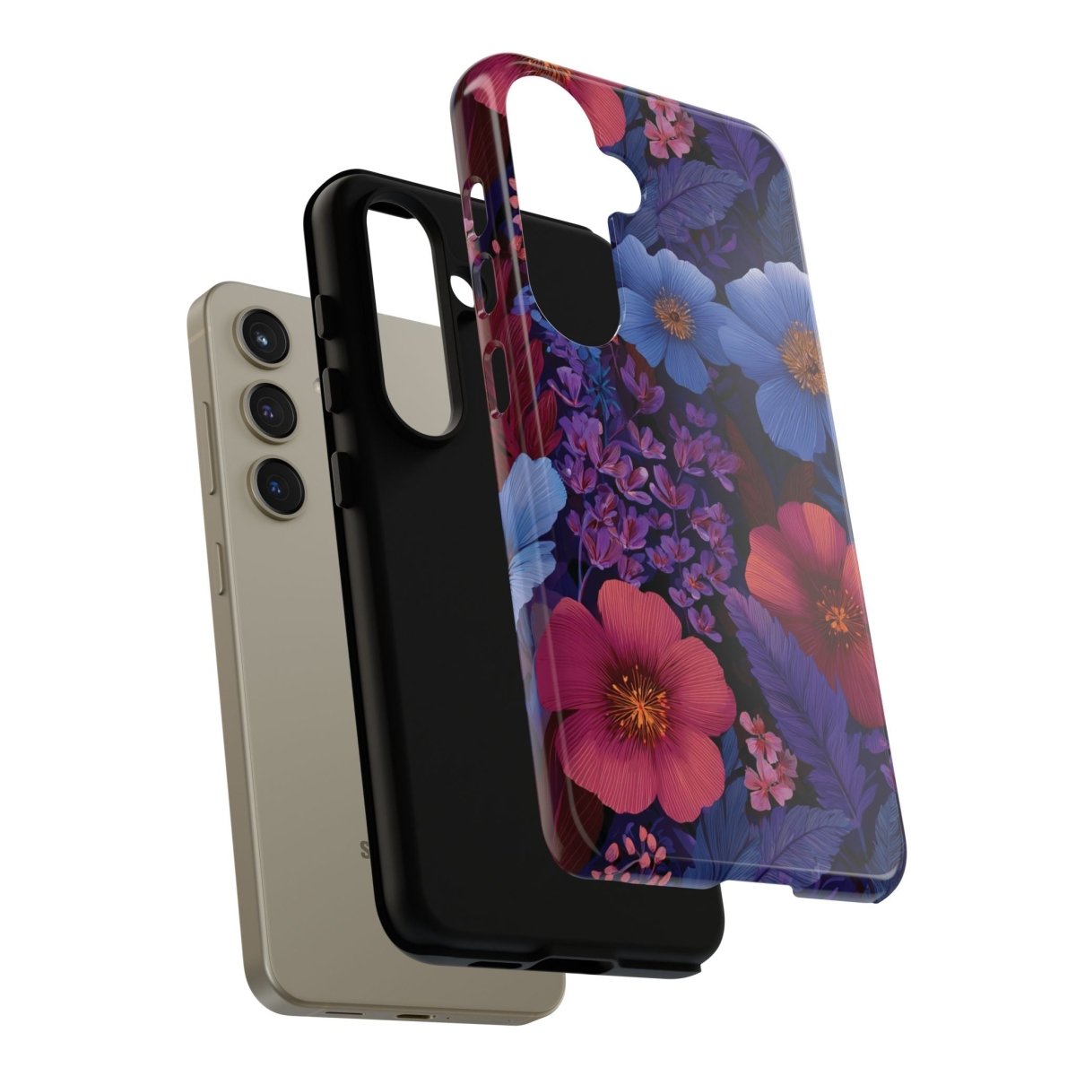 Samsung Galaxy S25 tough phone case by WOYC in Lavender Tropics with a glossy finish, designed for durability and style.