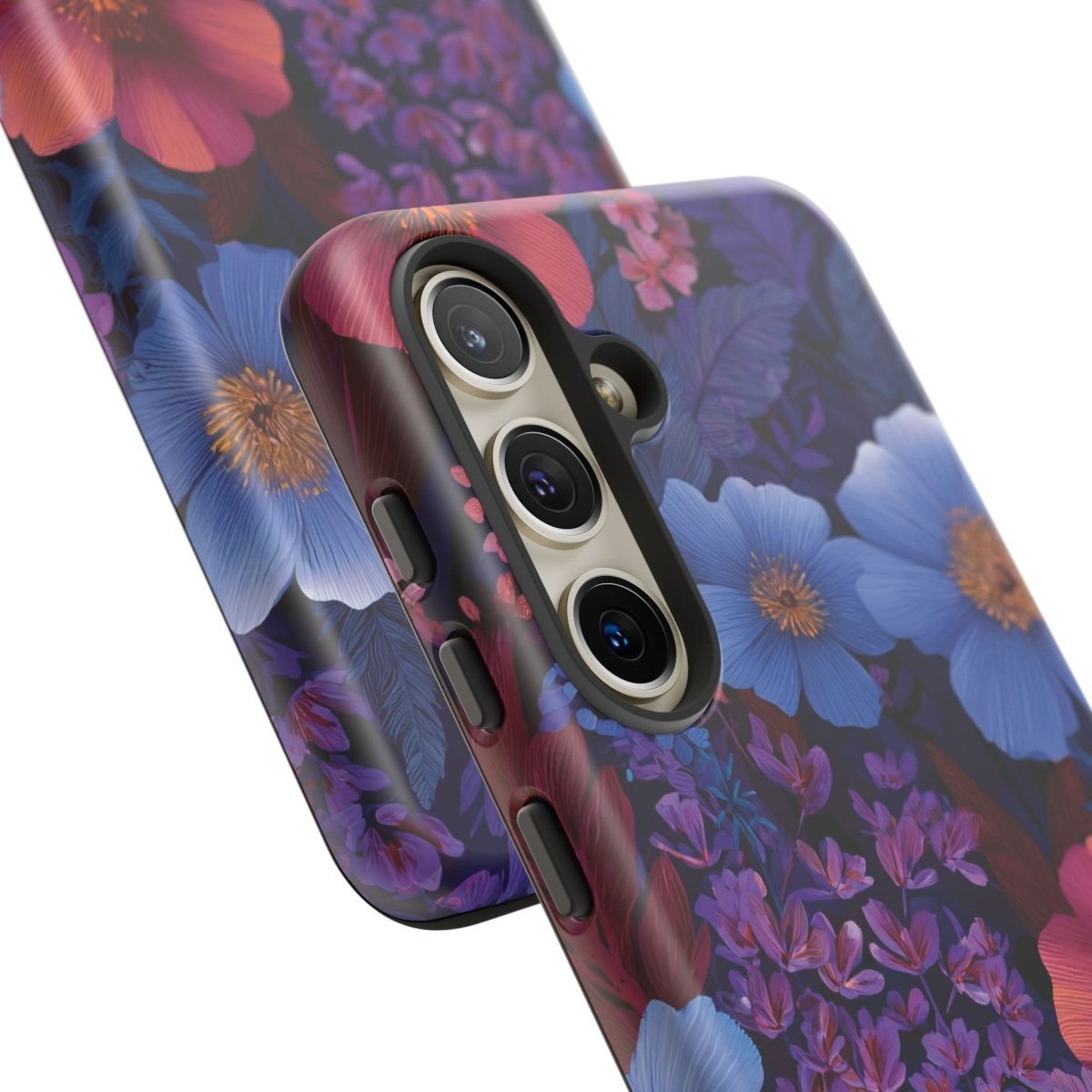 Samsung Galaxy S25 tough phone case by WOYC in Lavender Tropics design, glossy protective cover for AU, NZ, and USA models.