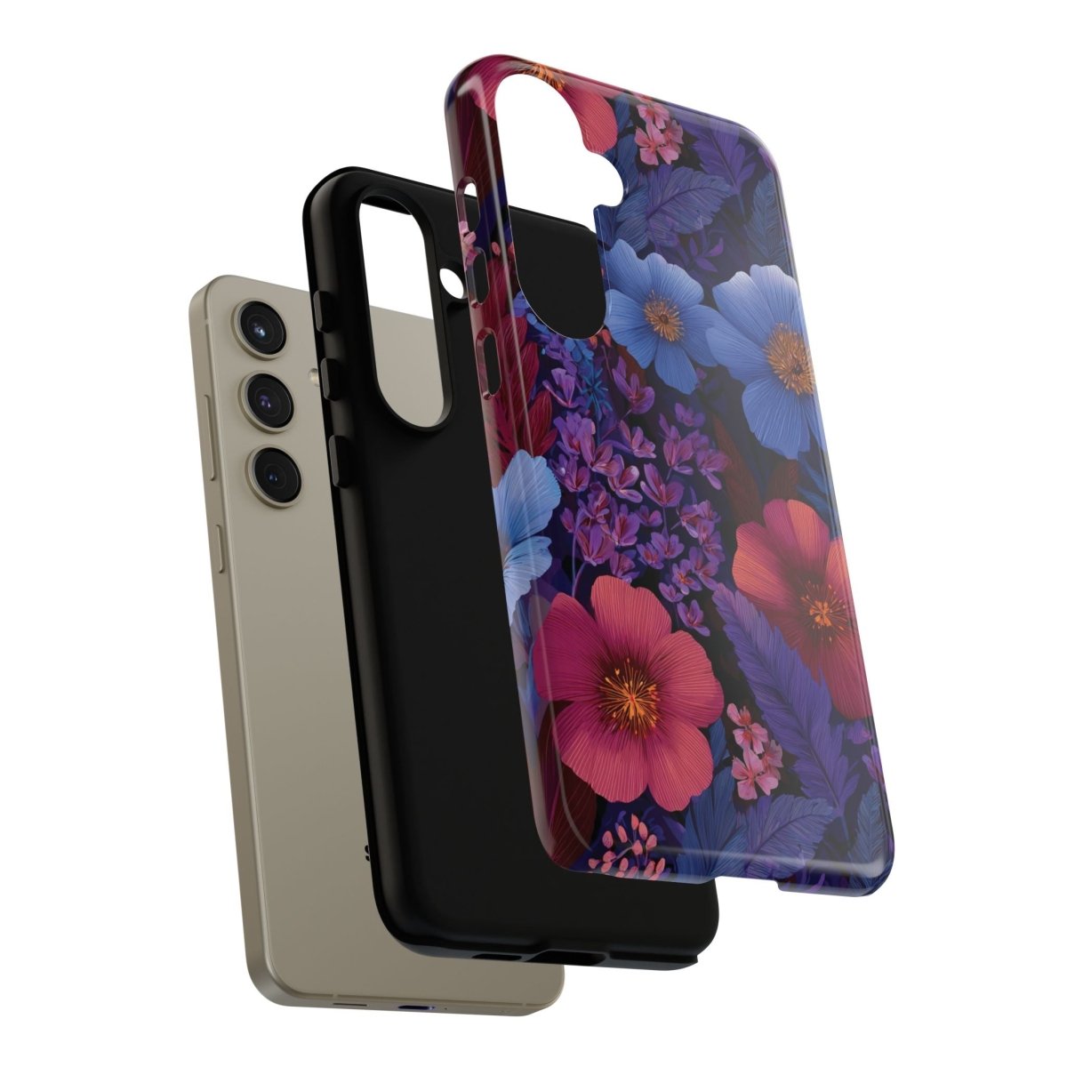Samsung Galaxy S25 tough phone case by WOYC in Lavender Tropics with a glossy finish, designed for durability and style.
