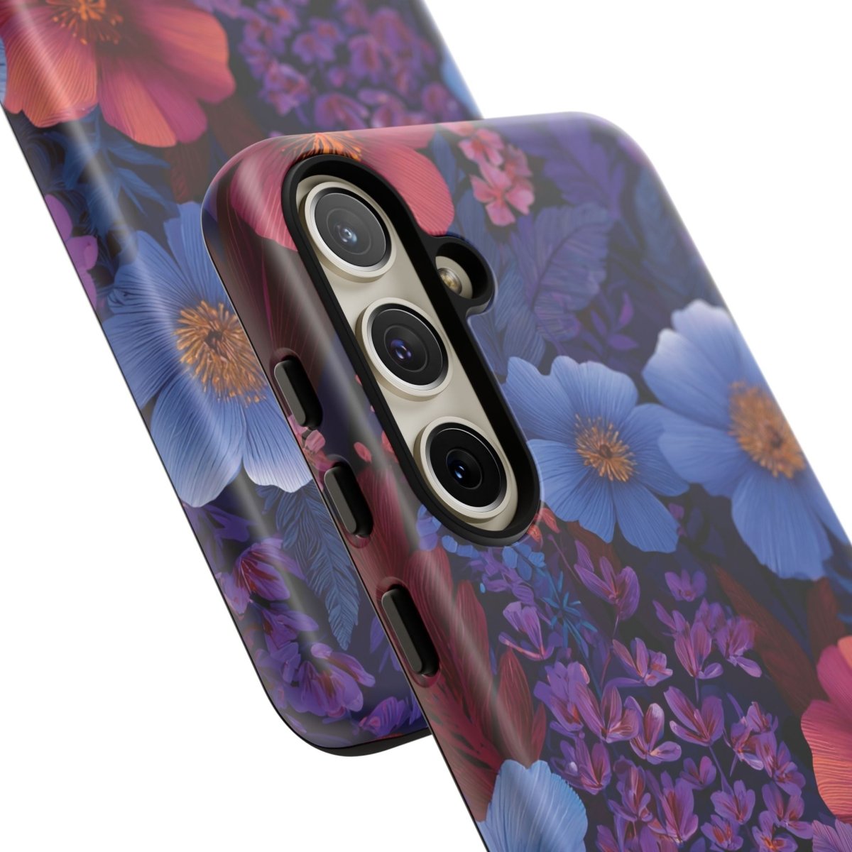 Samsung Galaxy S25 tough phone case by WOYC in Lavender Tropics design, glossy finish, rugged protective cover for AU, NZ, and USA markets.