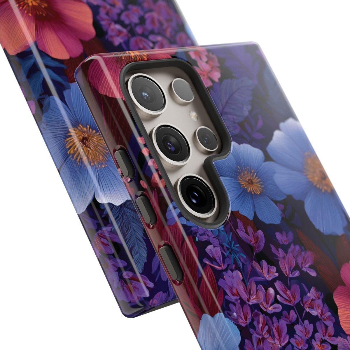 Samsung Galaxy S25 tough phone case by WOYC in Lavender Tropics design, glossy finish, durable protective cover.
