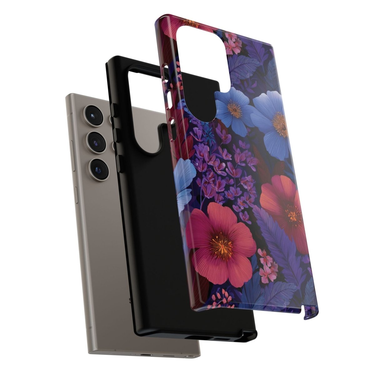 Samsung Galaxy S25 tough phone case by WOYC in Lavender Tropics design, glossy finish, durable protection for AU, NZ, and USA models.