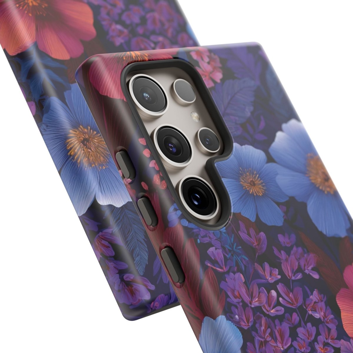 Samsung Galaxy S25 tough phone case by WOYC in Lavender Tropics with glossy finish, designed for durability and style.