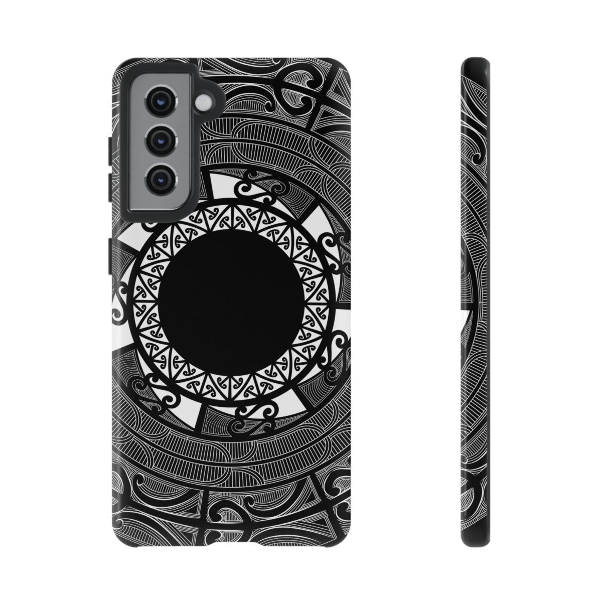 Glossy Samsung Tough Phone Case by WOYC featuring Māori design for Galaxy S25, suitable for AU, NZ, and USA markets.