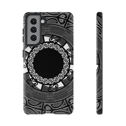 Glossy Samsung Tough Phone Case by WOYC featuring Māori design for Galaxy S25, suitable for AU, NZ, and USA markets.