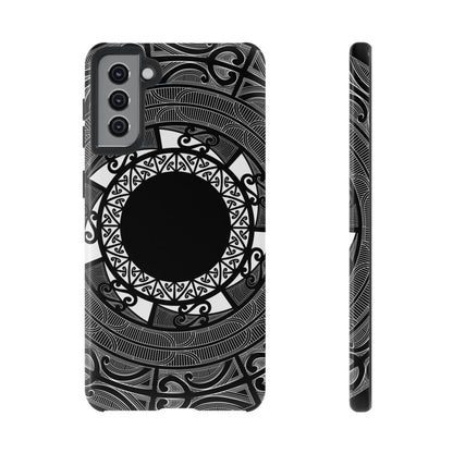 Glossy Samsung Tough Phone Case by WOYC featuring Māori design for Galaxy S25, suitable for AU, NZ, and USA markets.