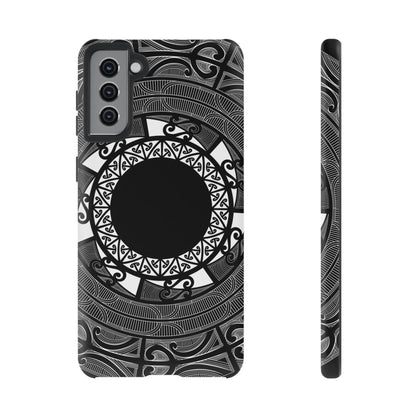 Samsung Tough Phone Case by WOYC with Māori design, showcasing a glossy finish for Galaxy S25.