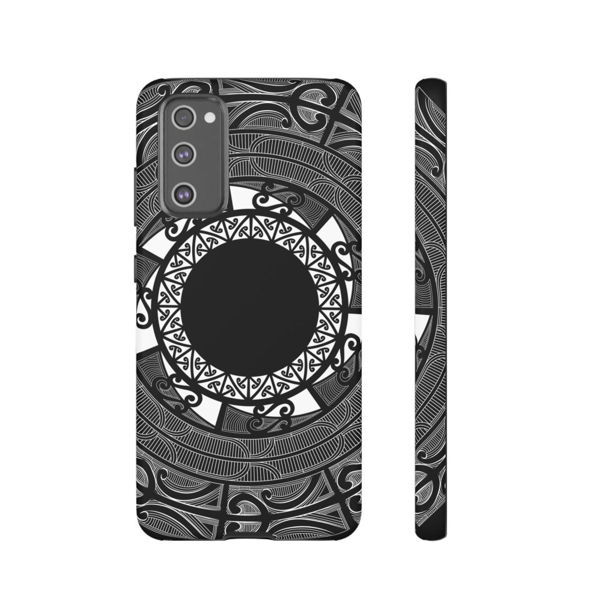 Glossy Samsung Galaxy S25 tough phone case featuring Māori design by WOYC, showcasing durability and unique artwork.