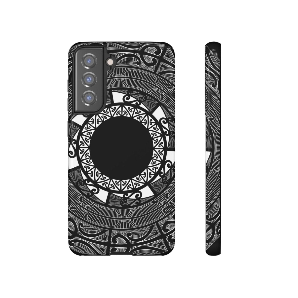 Glossy Māori design Samsung Tough Phone Case by WOYC for Galaxy S25, showcasing durable protection and vibrant artwork.