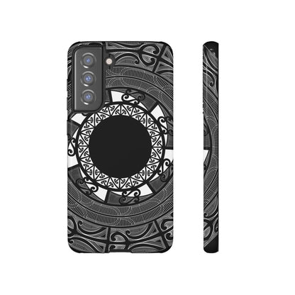 Glossy Māori design Samsung Tough Phone Case by WOYC for Galaxy S25, showcasing durable protection and vibrant artwork.