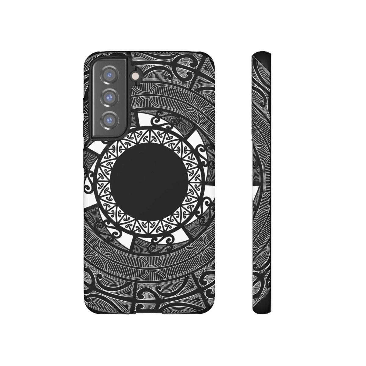 Samsung Tough Phone Case by WOYC featuring a Māori design for Galaxy S25, showcasing durability and style.