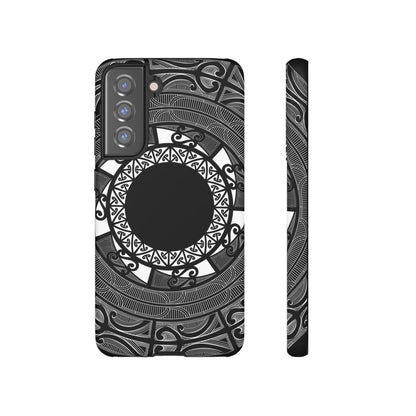Samsung Tough Phone Case by WOYC featuring a Māori design for Galaxy S25, showcasing durability and style.