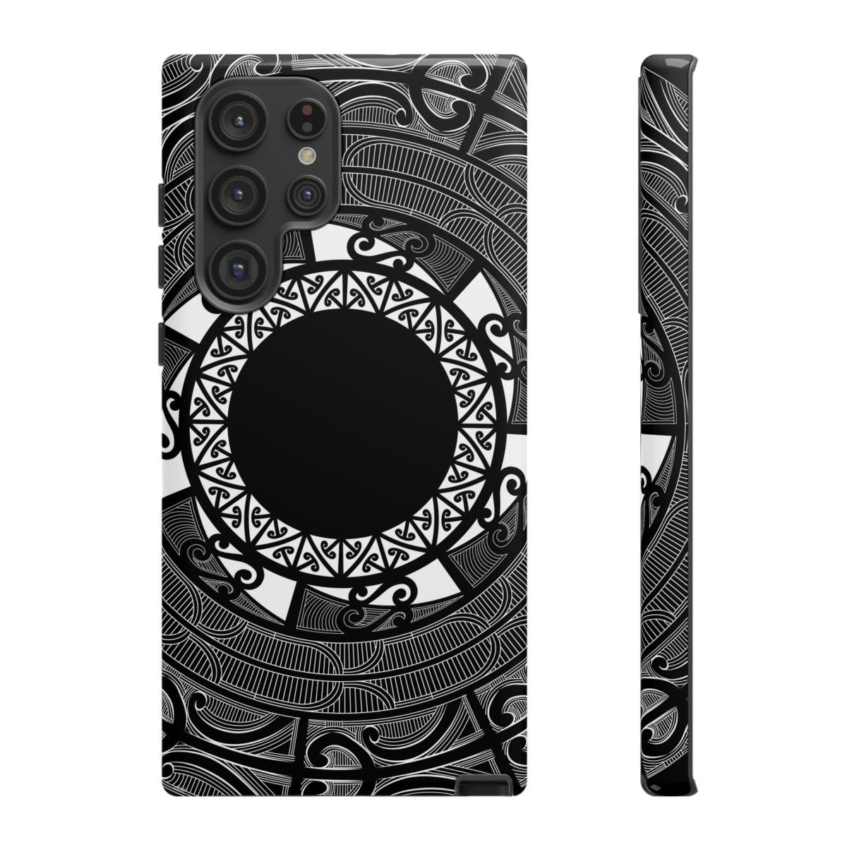 Glossy Samsung Galaxy S25 tough phone case by WOYC featuring a Māori design for AU, NZ, and USA markets.