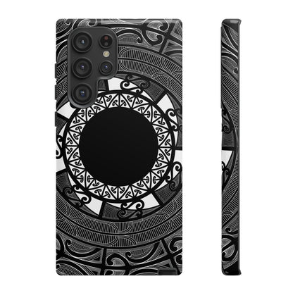 Glossy Samsung Galaxy S25 tough phone case by WOYC featuring a Māori design for AU, NZ, and USA markets.