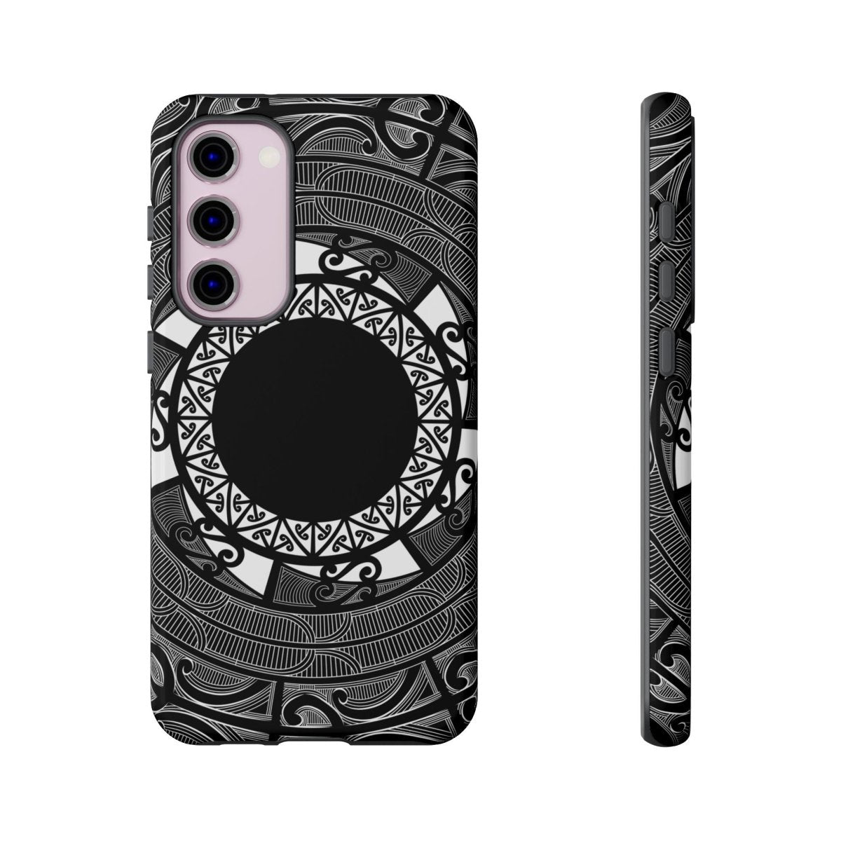 Glossy Samsung Tough Phone Case by WOYC featuring Māori design for Galaxy S25, ideal for protection and style.