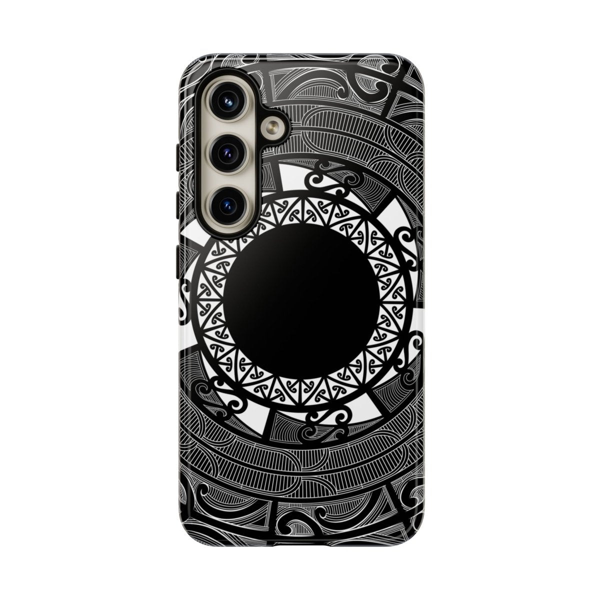 WOYC Samsung Tough Phone Case featuring Māori design for Galaxy S25, showcasing durability and vibrant patterns.