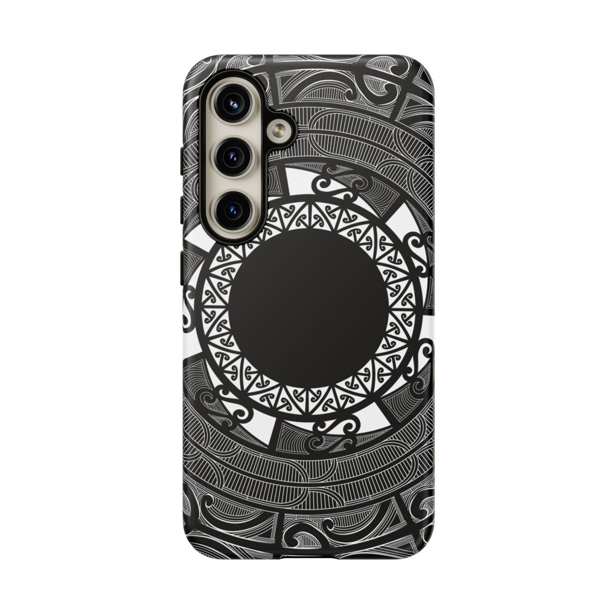 Glossy Samsung Tough Phone Case by WOYC featuring Māori design for Galaxy S25, ideal for AU, NZ, and USA markets.