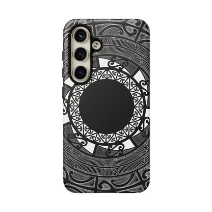 Glossy Samsung Tough Phone Case by WOYC featuring Māori design for Galaxy S25, ideal for AU, NZ, and USA markets.