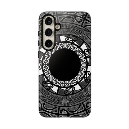Samsung Tough Phone Case by WOYC featuring a Māori design for Galaxy S25, showcasing durability and style.