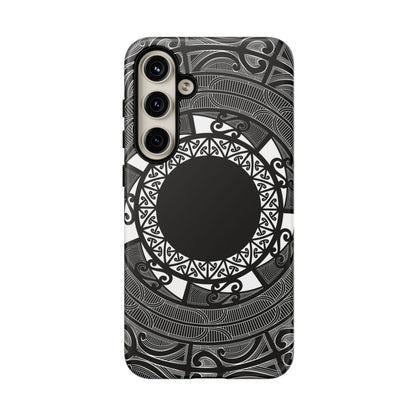 Glossy Samsung Tough Phone Case by WOYC with Māori design for Galaxy S25, showcasing durability and unique patterns.