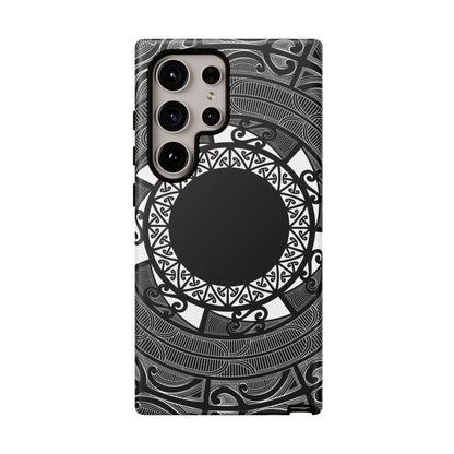 Glossy Samsung tough phone case with Māori design for Galaxy S25 by WOYC, showcasing durability and style.