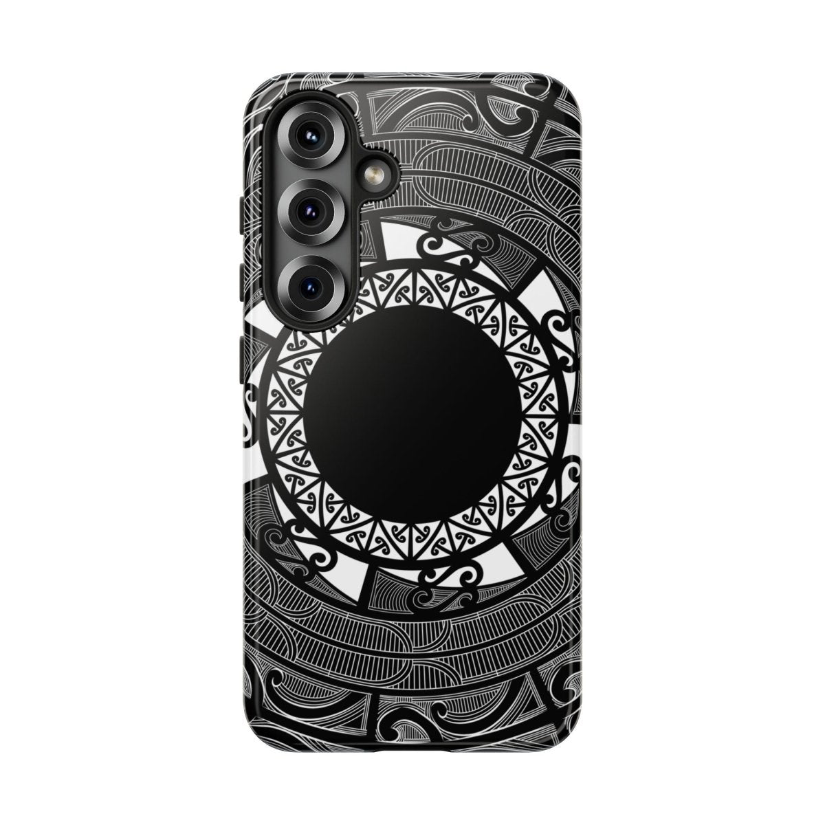 Glossy Samsung Tough Phone Case by WOYC featuring Māori design, suitable for Galaxy S25 in AU, NZ, and USA markets.