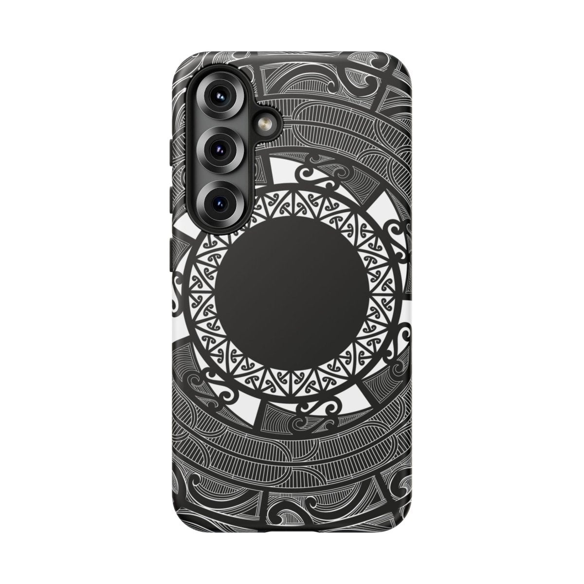 Glossy Samsung Tough Phone Case by WOYC featuring Māori design for Galaxy S25, ideal for AU, NZ, and USA markets.