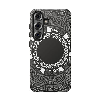 Glossy Samsung Tough Phone Case by WOYC featuring Māori design for Galaxy S25, ideal for AU, NZ, and USA markets.