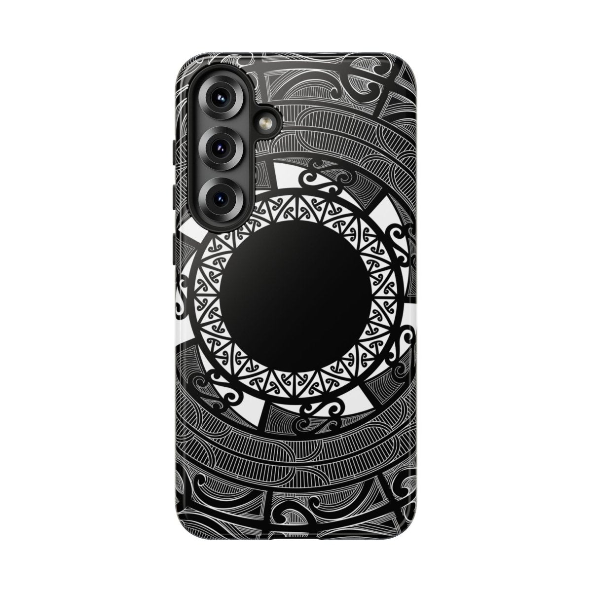 Glossy Samsung Tough Phone Case in Māori design for Galaxy S25 by WOYC, showcasing durability and unique cultural patterns.