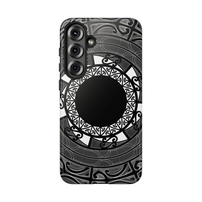 Glossy Samsung Tough Phone Case in Māori design for Galaxy S25 by WOYC, showcasing durability and unique cultural patterns.