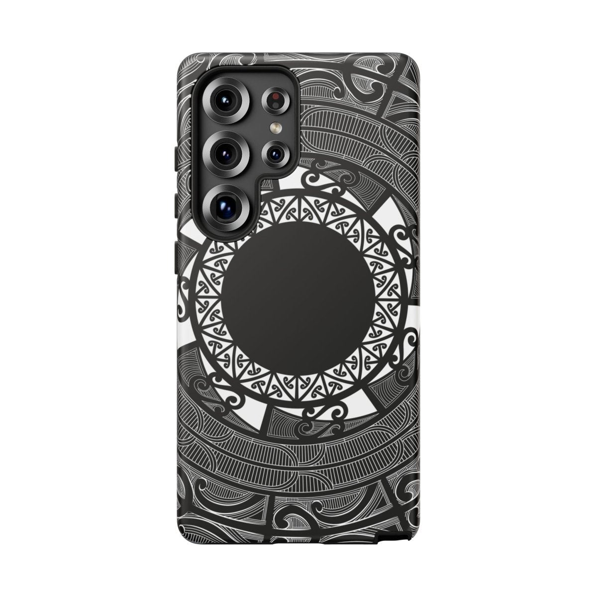 Glossy Samsung Tough Phone Case by WOYC featuring a Māori design, compatible with Galaxy S25, ideal for protection.