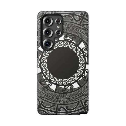 Glossy Samsung Tough Phone Case by WOYC featuring a Māori design, compatible with Galaxy S25, ideal for protection.