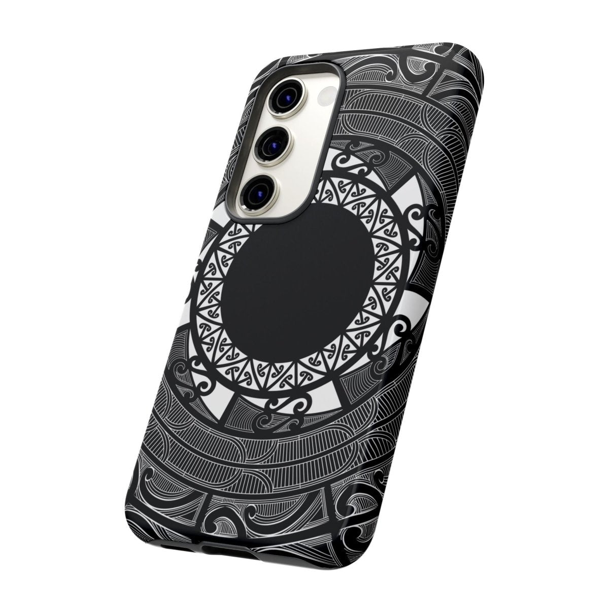 Glossy Samsung tough phone case by WOYC featuring Māori design for Galaxy S25, suitable for AU, NZ, and USA markets.