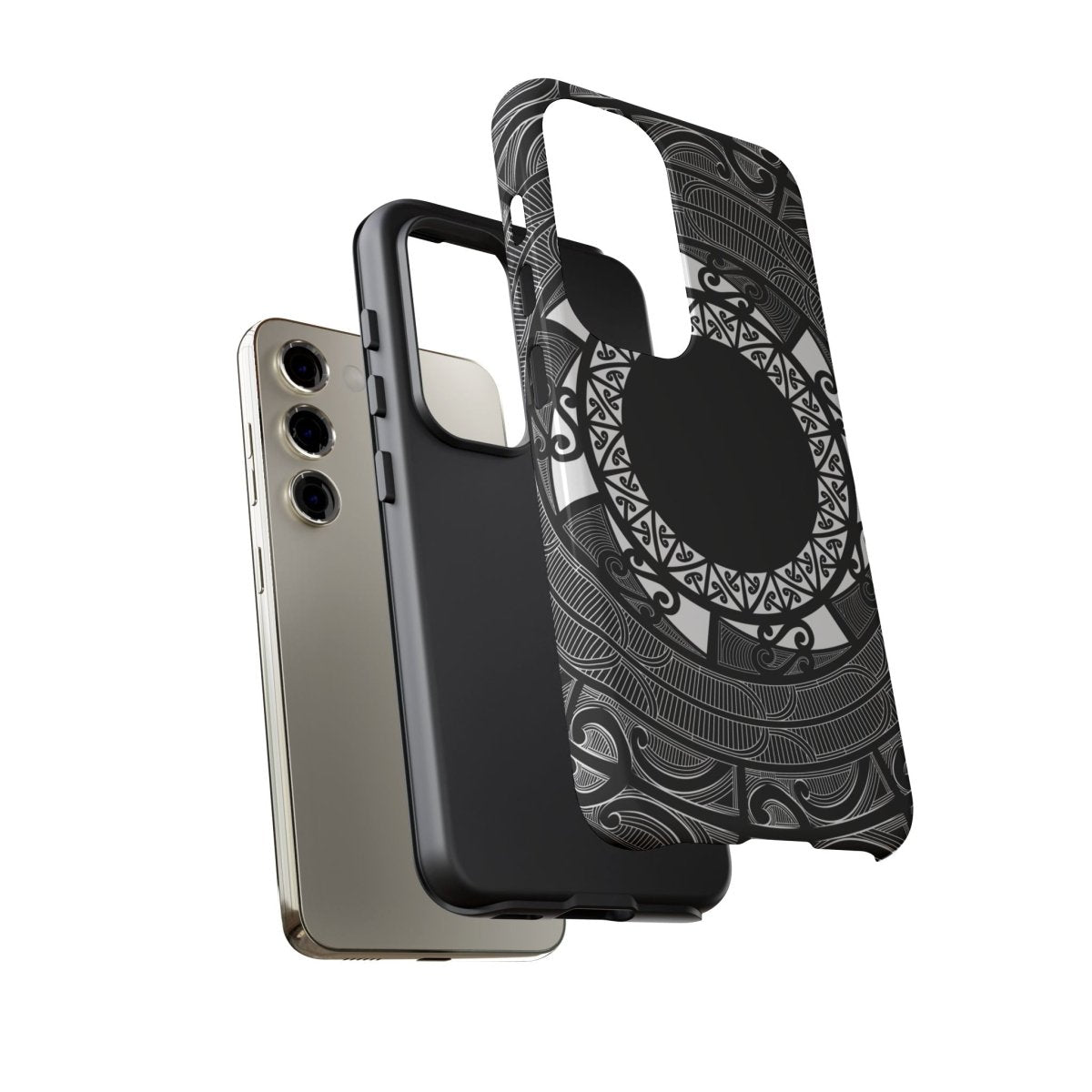 Glossy Samsung Tough Phone Case by WOYC featuring a Māori design, perfect for Galaxy S25 in AU/NZ/USA.