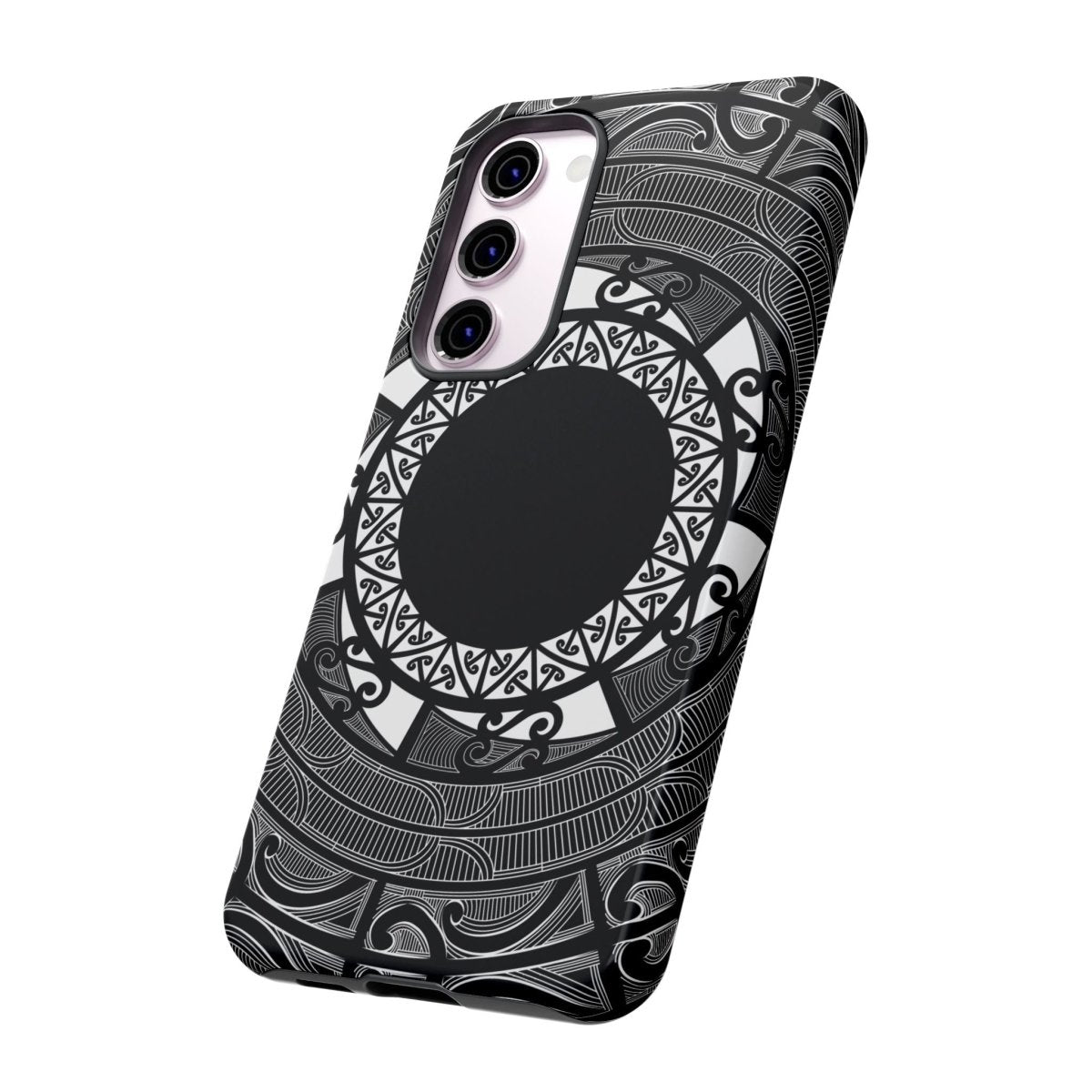 Glossy Samsung tough phone case by WOYC featuring Māori design, designed for Galaxy S25, suitable for AU, NZ, and USA.
