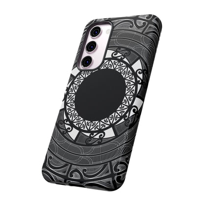 Glossy Samsung tough phone case by WOYC featuring Māori design, designed for Galaxy S25, suitable for AU, NZ, and USA.