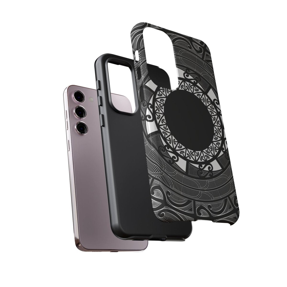 Glossy Samsung Tough Phone Case by WOYC featuring a Māori design, compatible with Galaxy S25, showcasing durability and style.