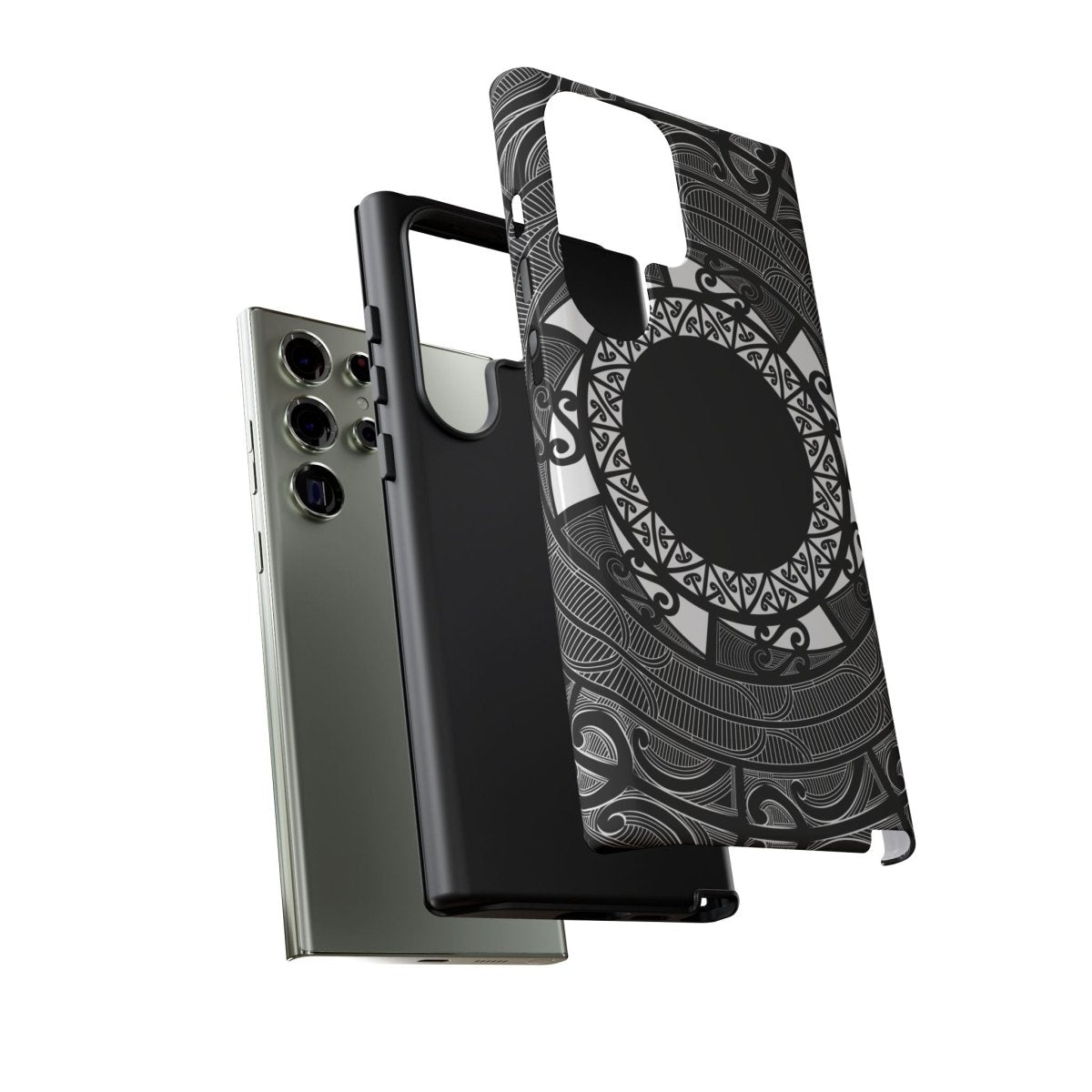 Glossy Samsung Tough Phone Case by WOYC featuring Māori design, suitable for Galaxy S25, ideal for AU, NZ, and USA markets.