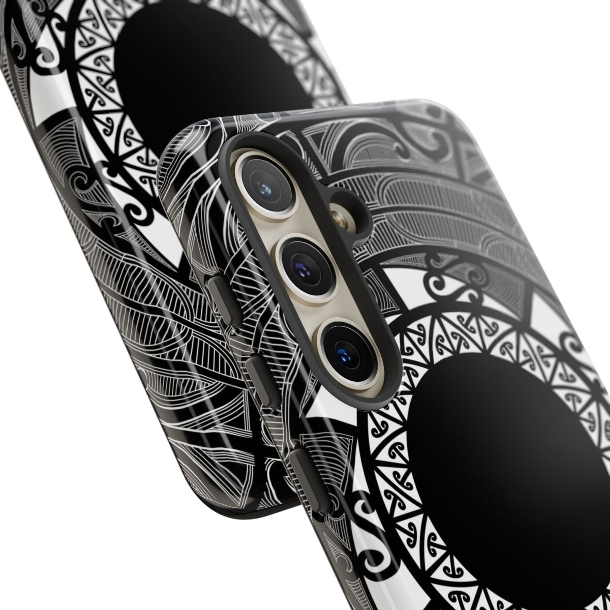 Glossy Samsung Tough Phone Case by WOYC featuring Māori design for Galaxy S25, ideal for AU, NZ, and USA markets.