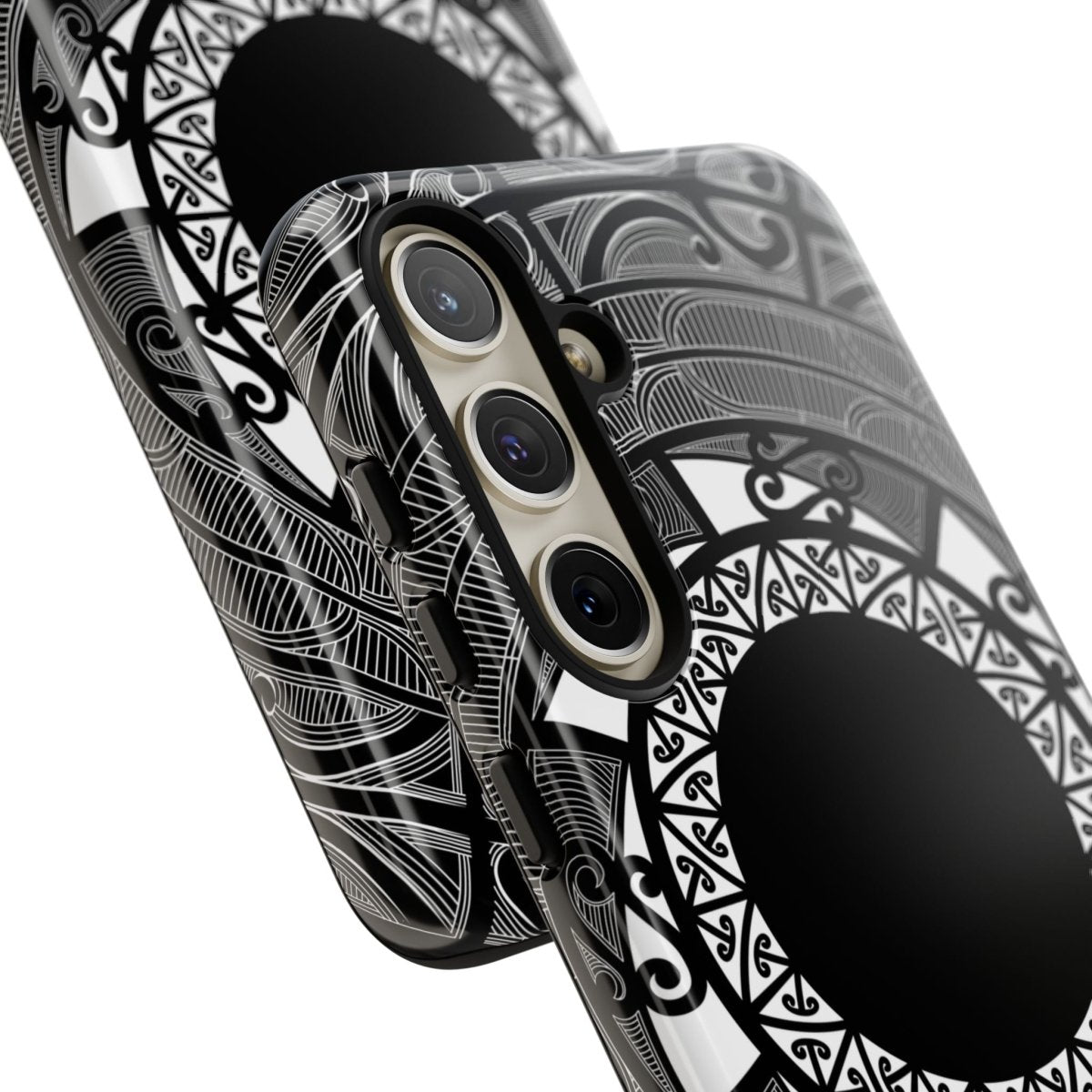 WOYC Samsung Tough Phone Case featuring Māori design for Galaxy S25, showcasing durability and unique art style.